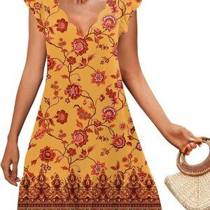 Women's Ruffle Sleeve Mini Dress Seashell V Neck Beach Cover Up
